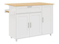 Mueble de cocina, mesa de cocina móvil, encimera plegable, especiero, toallero, 5 ruedas, 132,5x44(70)x90 cm, Blanco