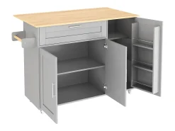 Mueble de cocina, mesa de cocina móvil, encimera plegable, especiero, toallero, 5 ruedas, 132,5x44(70)x90 cm, Gris
