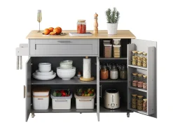Mueble de cocina, mesa de cocina móvil, encimera plegable, especiero, toallero, 5 ruedas, 132,5x44(70)x90 cm, Gris
