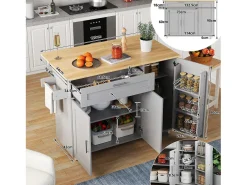 Mueble de cocina, mesa de cocina móvil, encimera plegable, especiero, toallero, 5 ruedas, 132,5x44(70)x90 cm, Gris