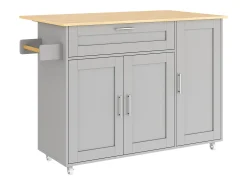 Mueble de cocina, mesa de cocina móvil, encimera plegable, especiero, toallero, 5 ruedas, 132,5x44(70)x90 cm, Gris