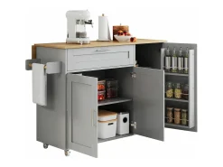Mueble de cocina, mesa de cocina móvil, encimera plegable, especiero, toallero, 5 ruedas, 132,5x44(70)x90 cm, Gris