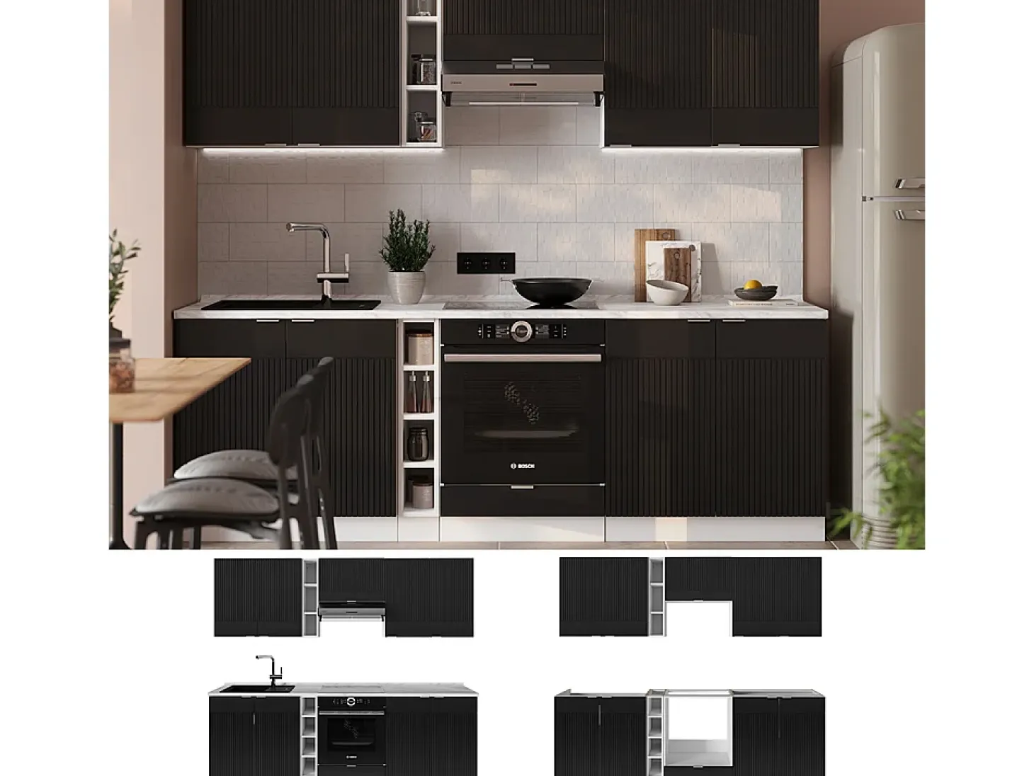 Mueble de cocina negro a rayas/blanco 235x46x81.6 fame-line