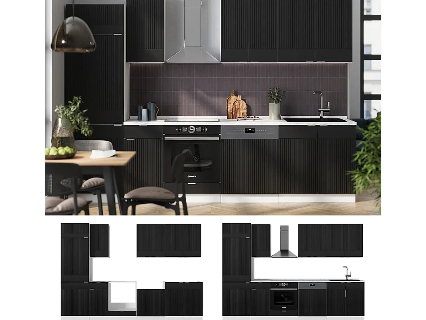 Mueble de cocina negro a rayas/blanco 300x46x81.6 fame-line