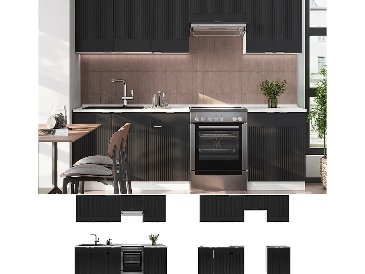 Mueble de cocina negro a rayas/blanco 240x60x81.6 fame-line