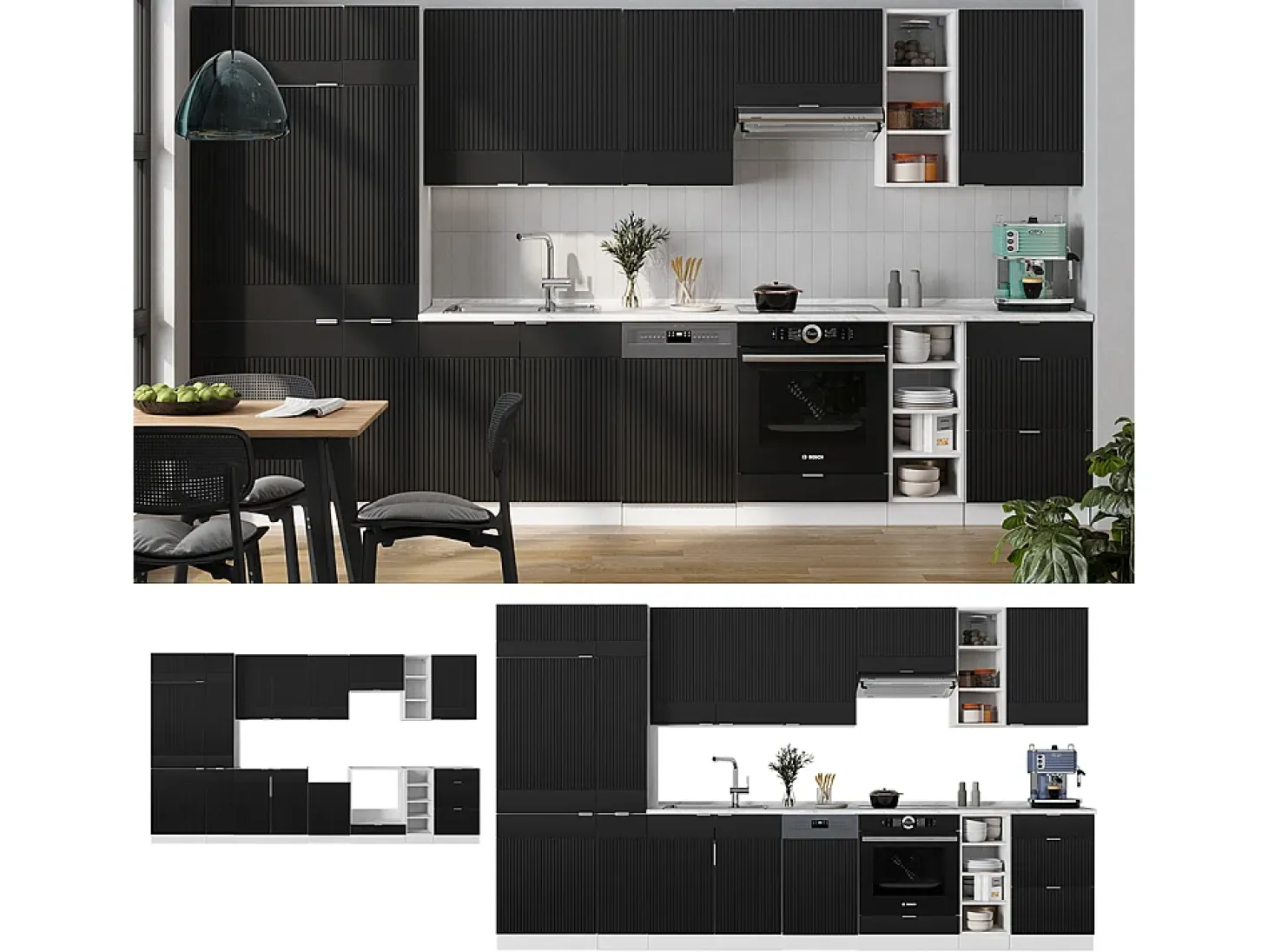 Mueble de cocina negro a rayas/blanco 355x46x81.6 fame-line