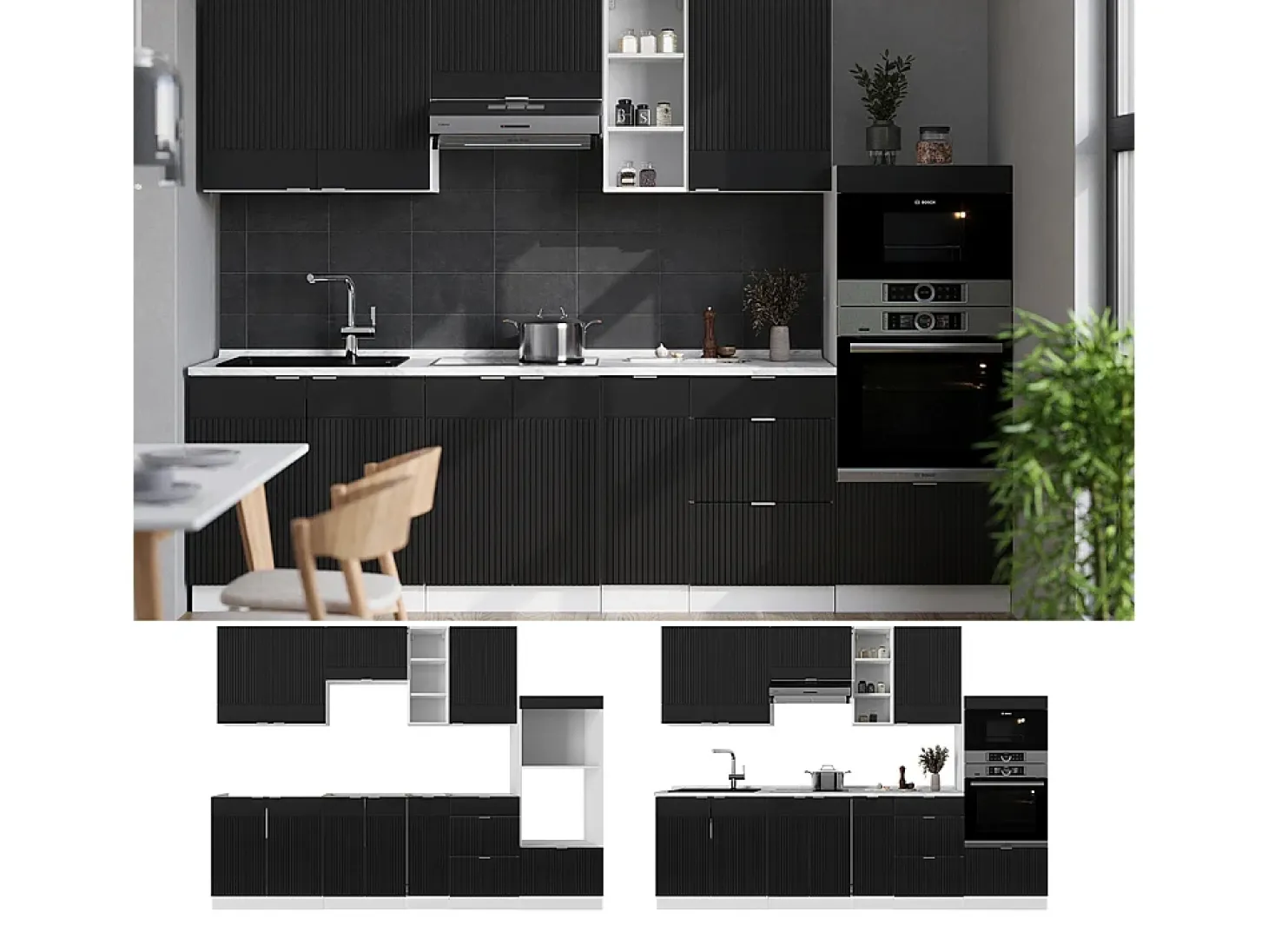Mueble de cocina negro a rayas/blanco 280x60x81.6 fame-line