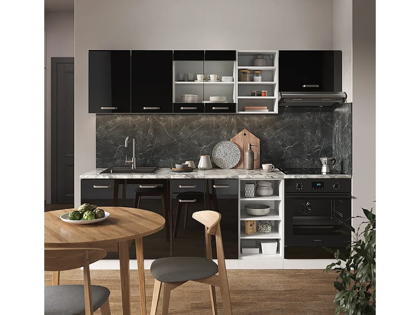Mueble de cocina negro brillo/blanco 240x60x81.6 r-line