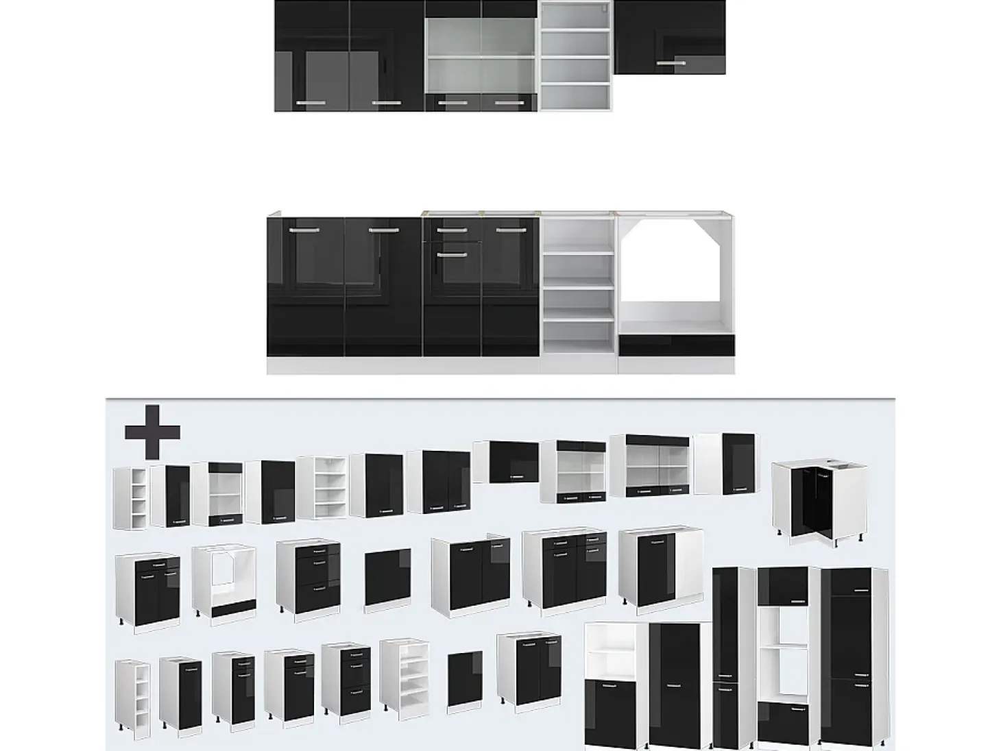 Mueble de cocina negro brillo/blanco 240x60x81.6 r-line