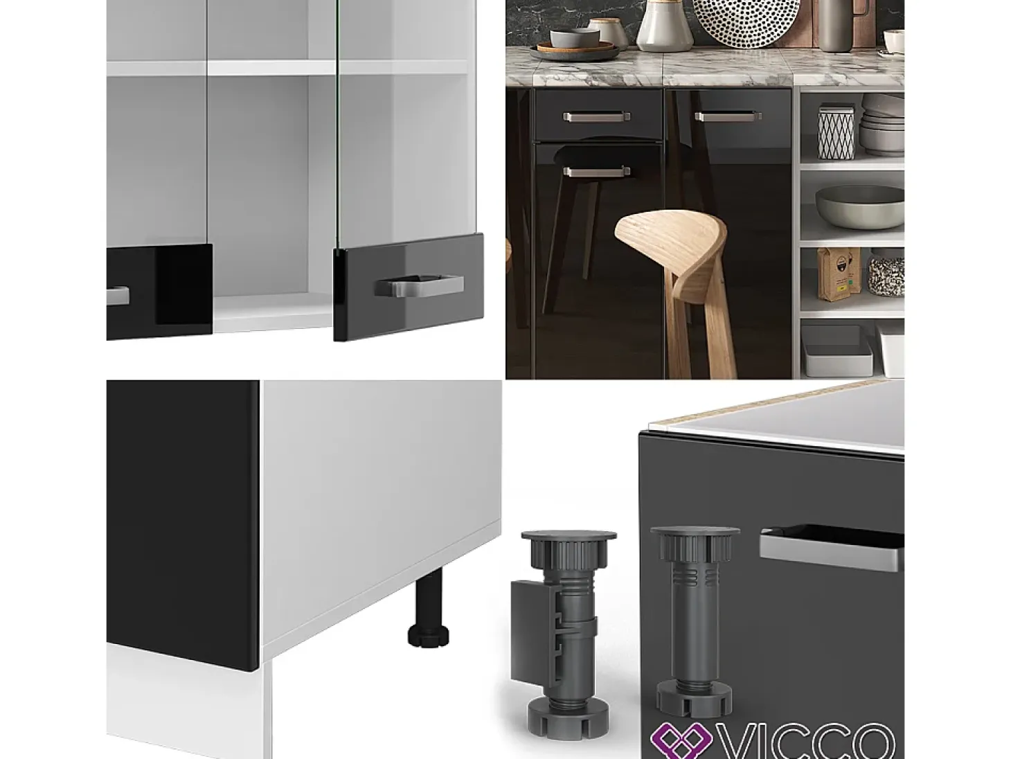 Mueble de cocina negro brillo/blanco 240x60x81.6 r-line