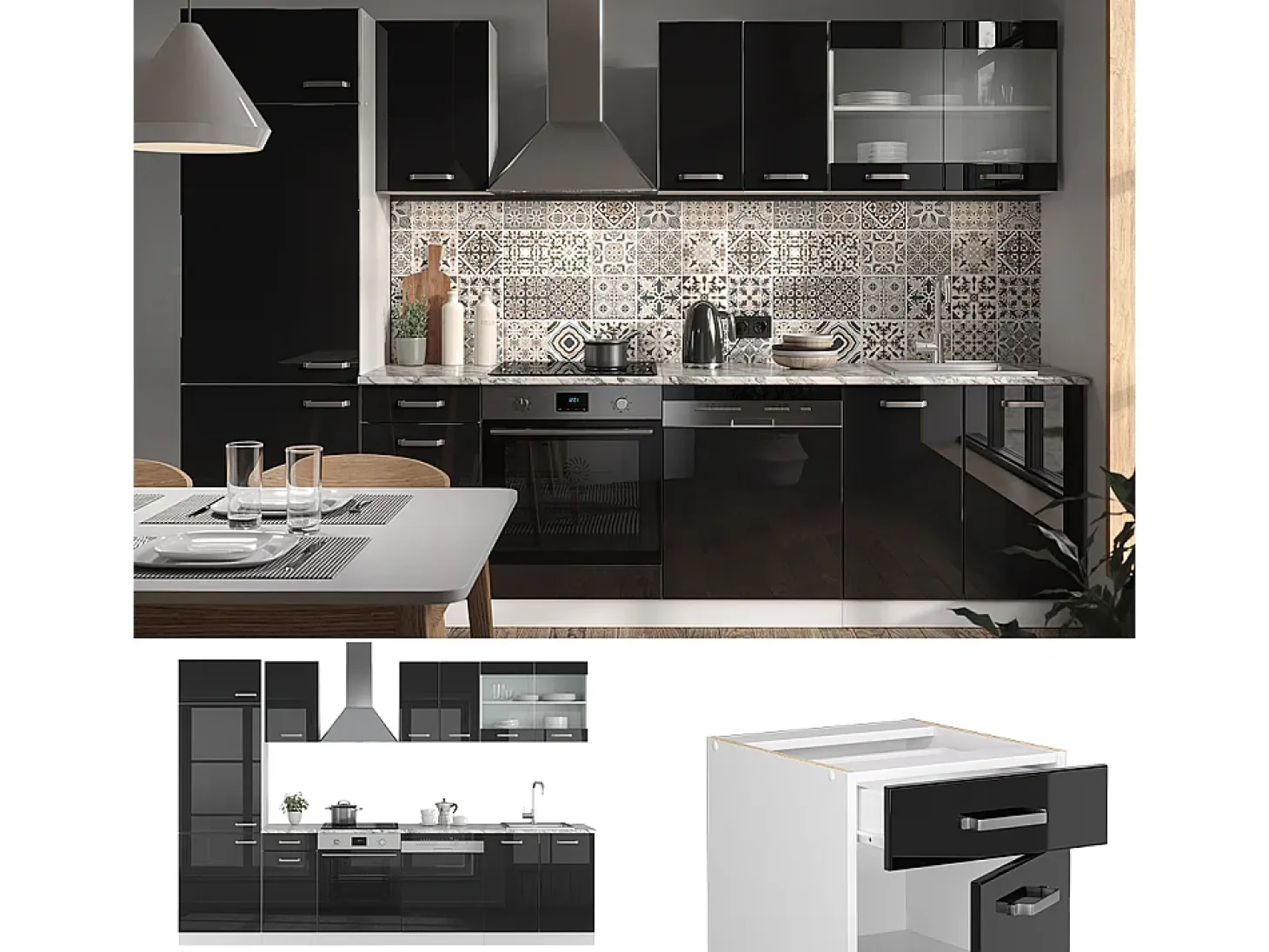 Mueble de cocina negro brillo/blanco 300x46x81.6 r-line
