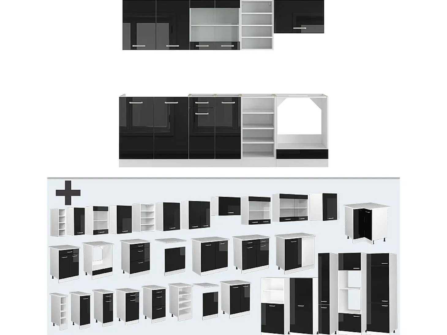 Mueble de cocina negro brillo/blanco 240x60x81.6 r-line