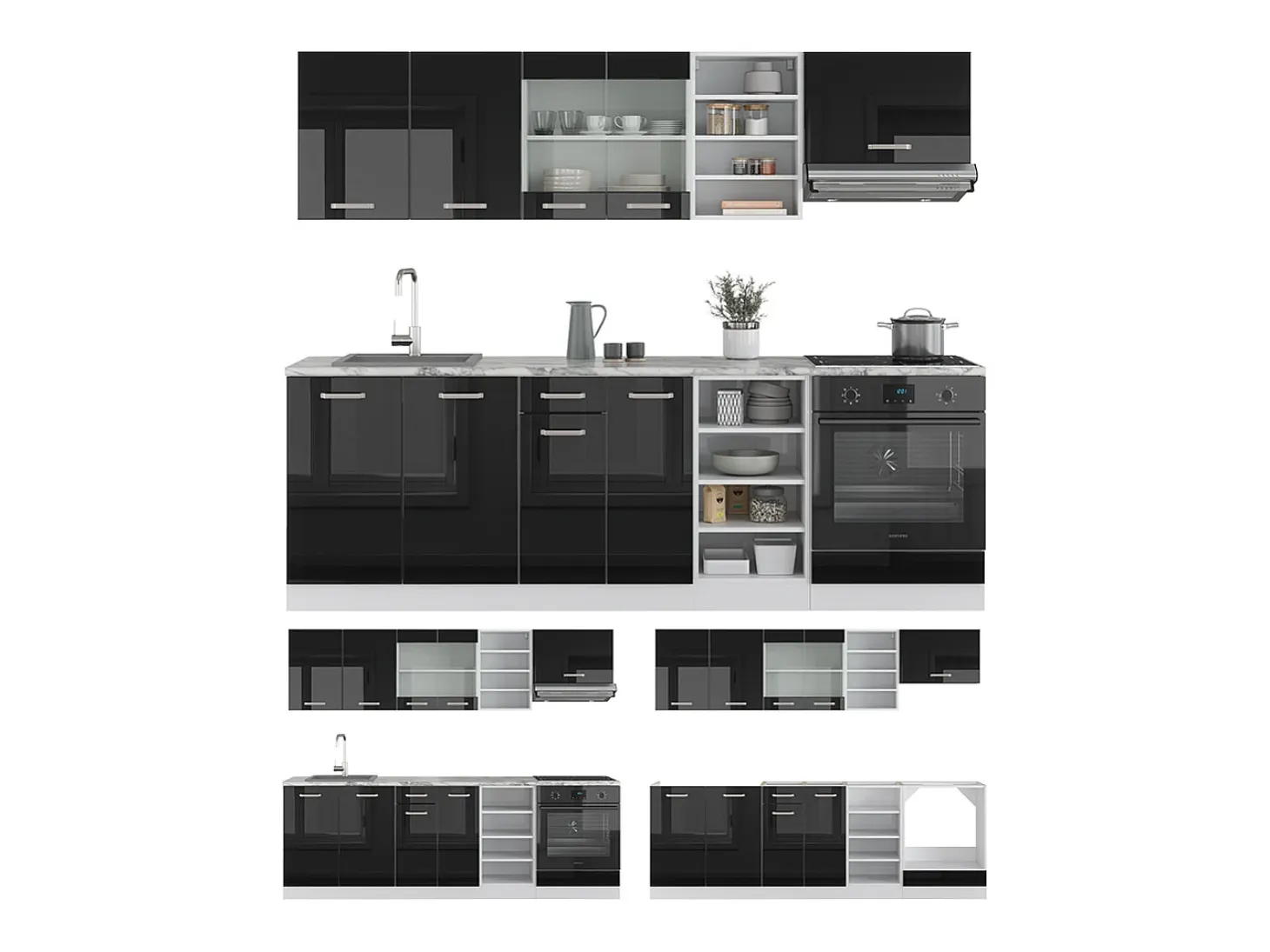 Mueble de cocina negro brillo/blanco 240x60x81.6 r-line