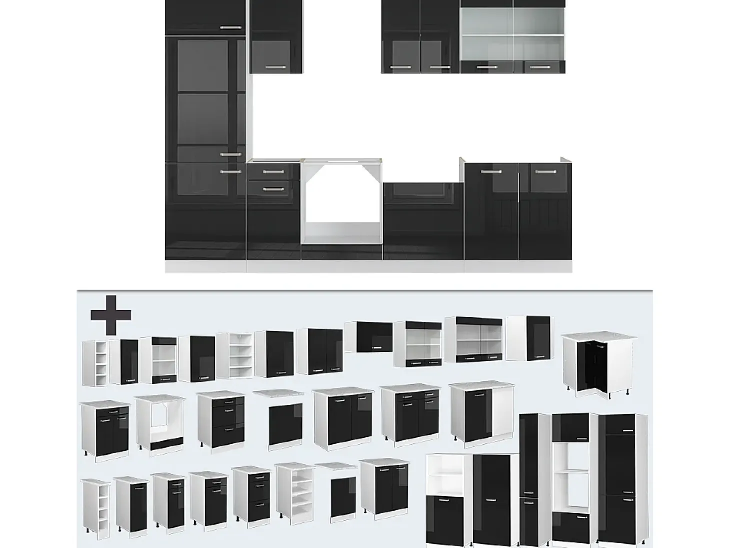 Mueble de cocina negro brillo/blanco 300x60x81.6 r-line