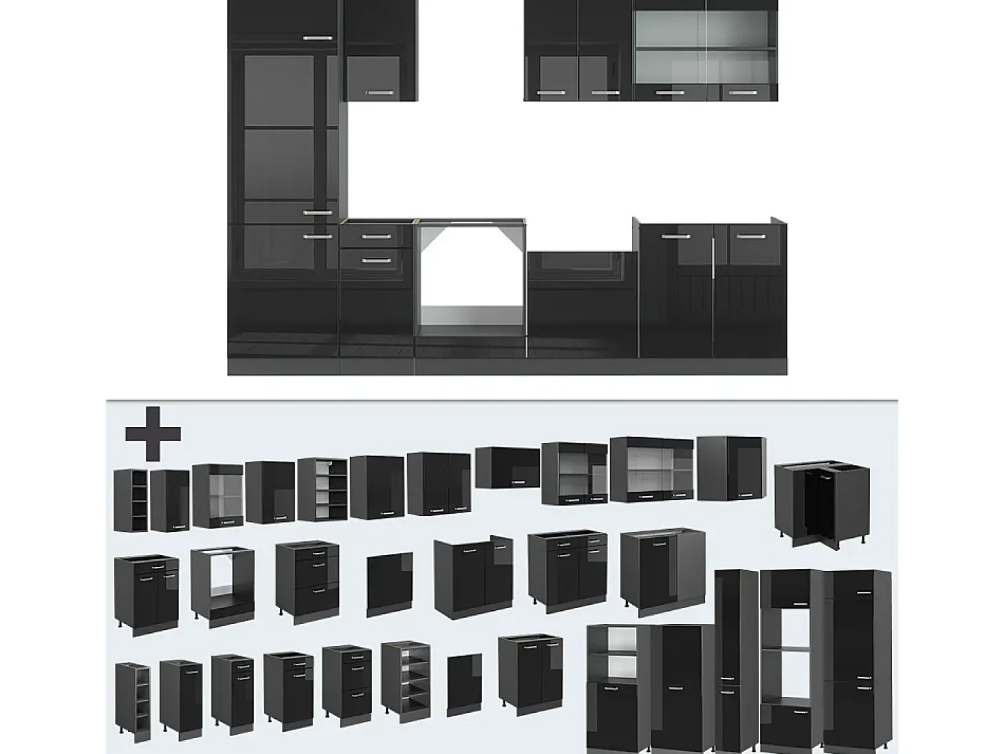 Mueble de cocina negro/antracita de alto brillo 300x46x81.6 r-line