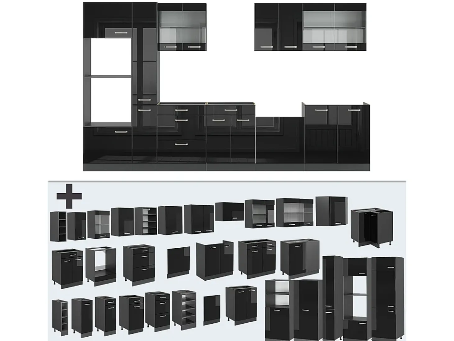 Mueble de cocina negro/antracita de alto brillo 350x60x81.6 r-line