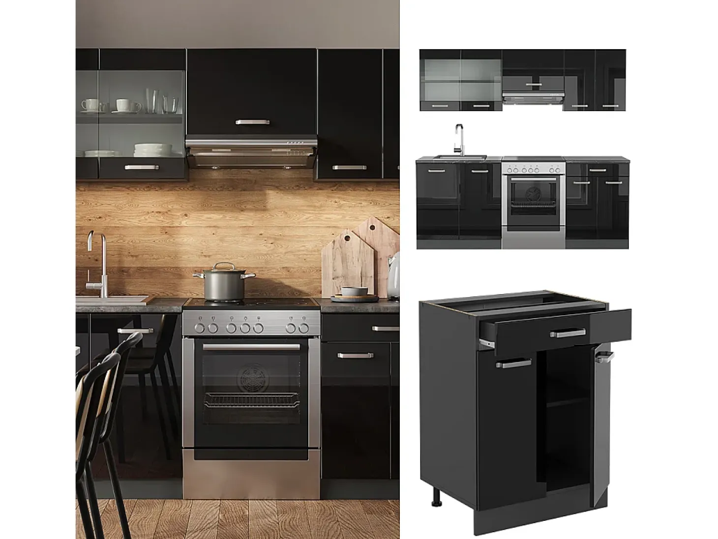 Mueble de cocina negro/antracita de alto brillo 200x46x81.6 r-line