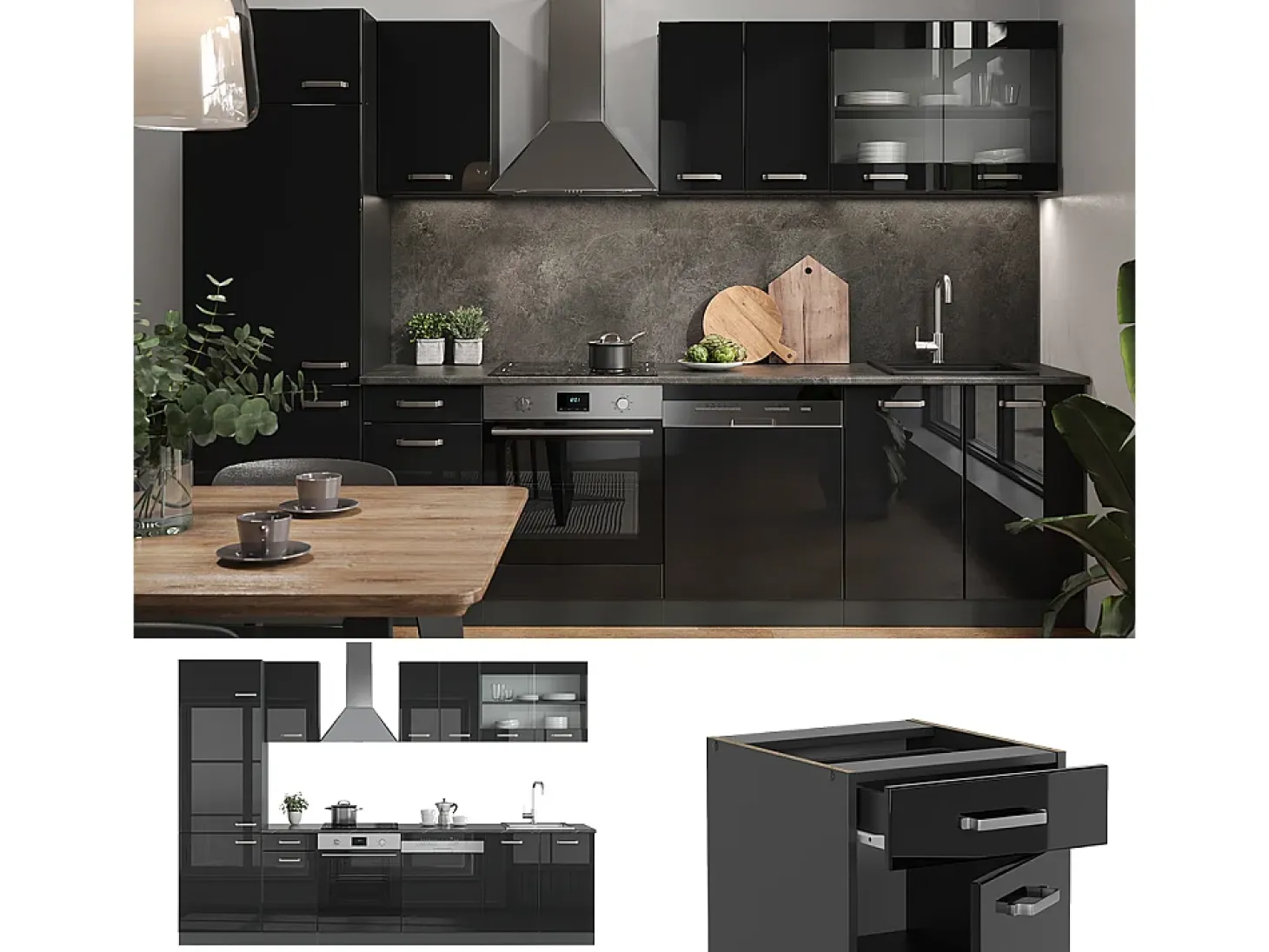 Mueble de cocina negro/antracita de alto brillo 300x60x81.6 r-line