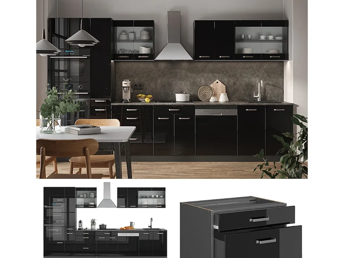Mueble de cocina negro/antracita de alto brillo 350x46x81.6 r-line