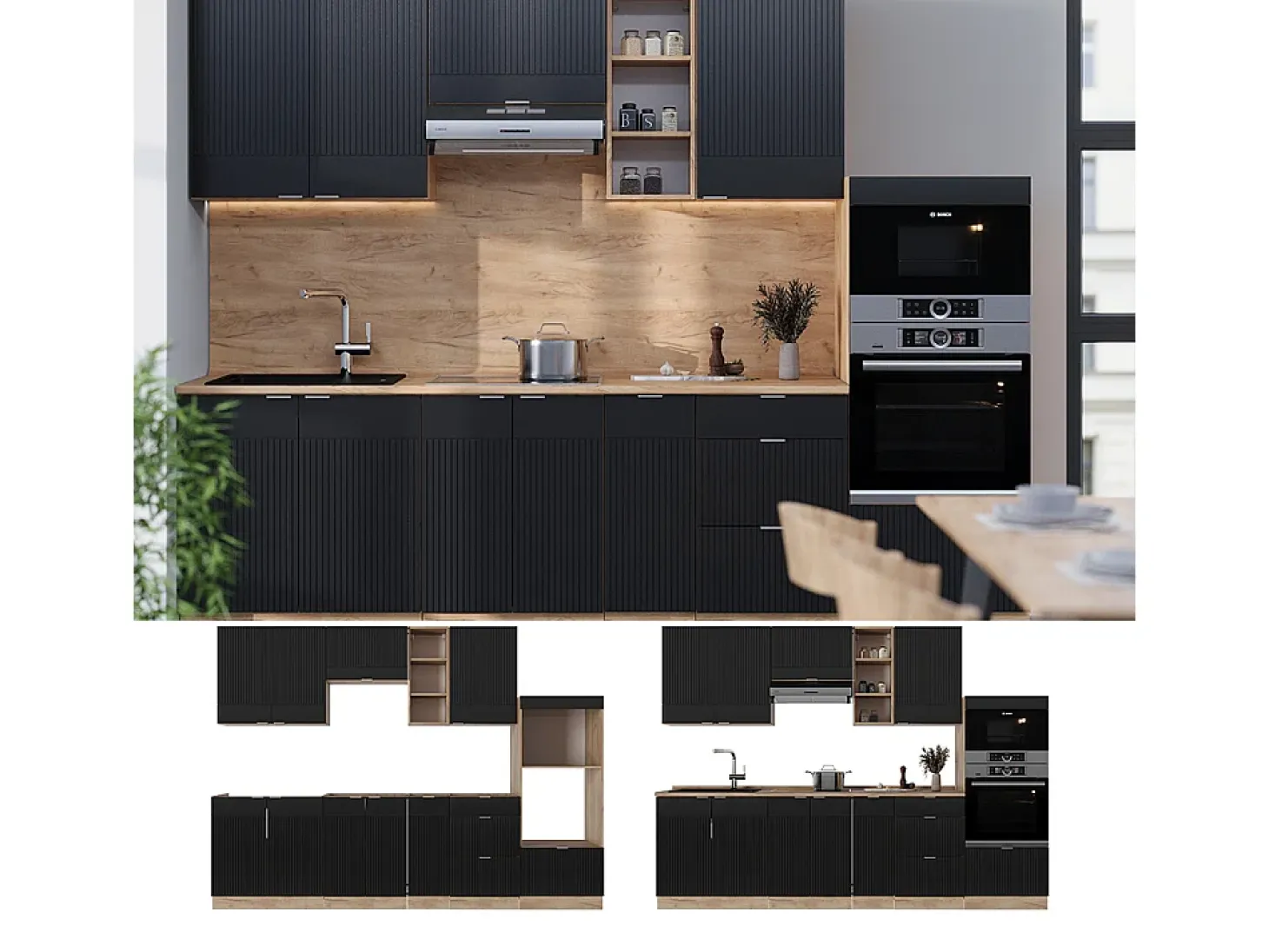 Mueble de cocina rayas negras/roble dorado 280x46x81.6 fame-line