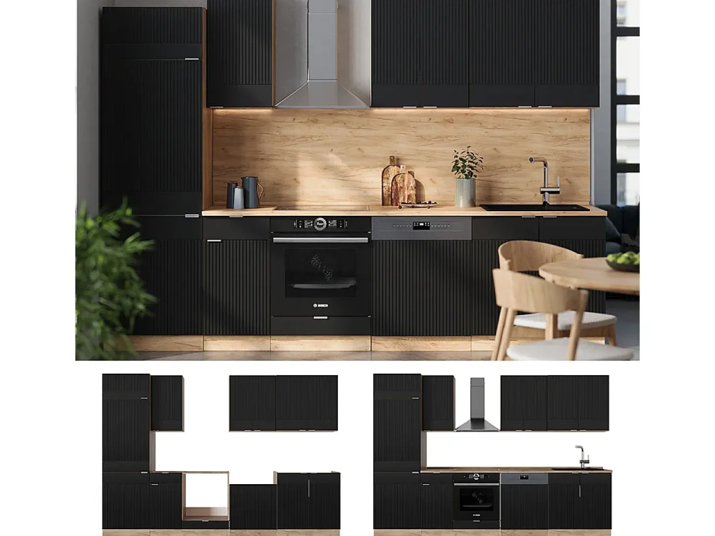 Mueble de cocina rayas negras/roble dorado 300x46x81.6 fame-line
