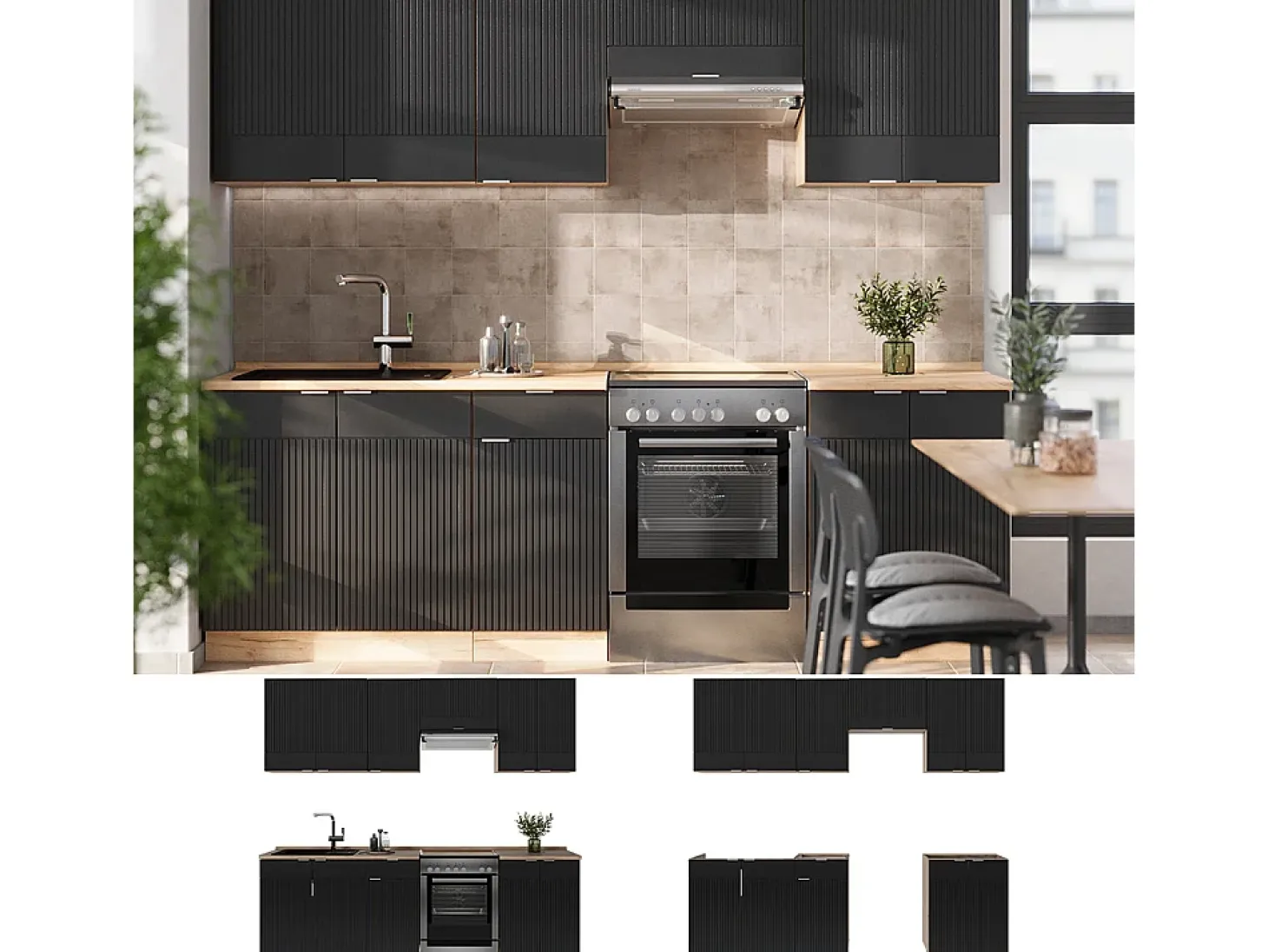 Mueble de cocina rayas negras/roble dorado 240x46x81.6 fame-line