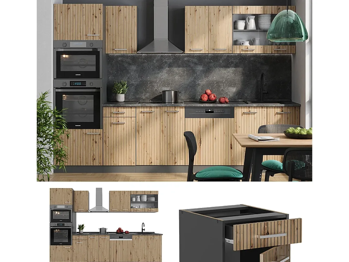 Mueble de cocina roble artesanal/antracita 300x46x81.6 r-line