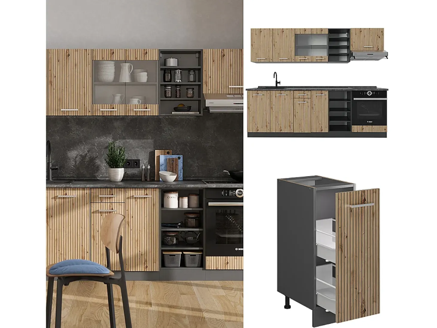 Mueble de cocina roble artesanal/antracita 240x60x81.6 r-line