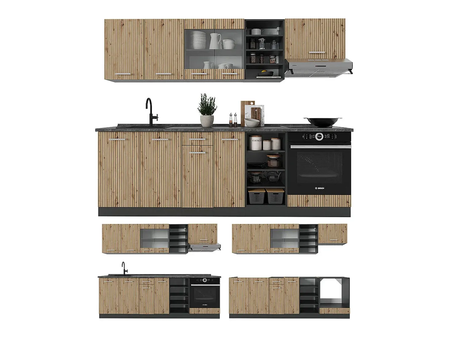 Mueble de cocina roble artesanal/antracita 240x60x81.6 r-line