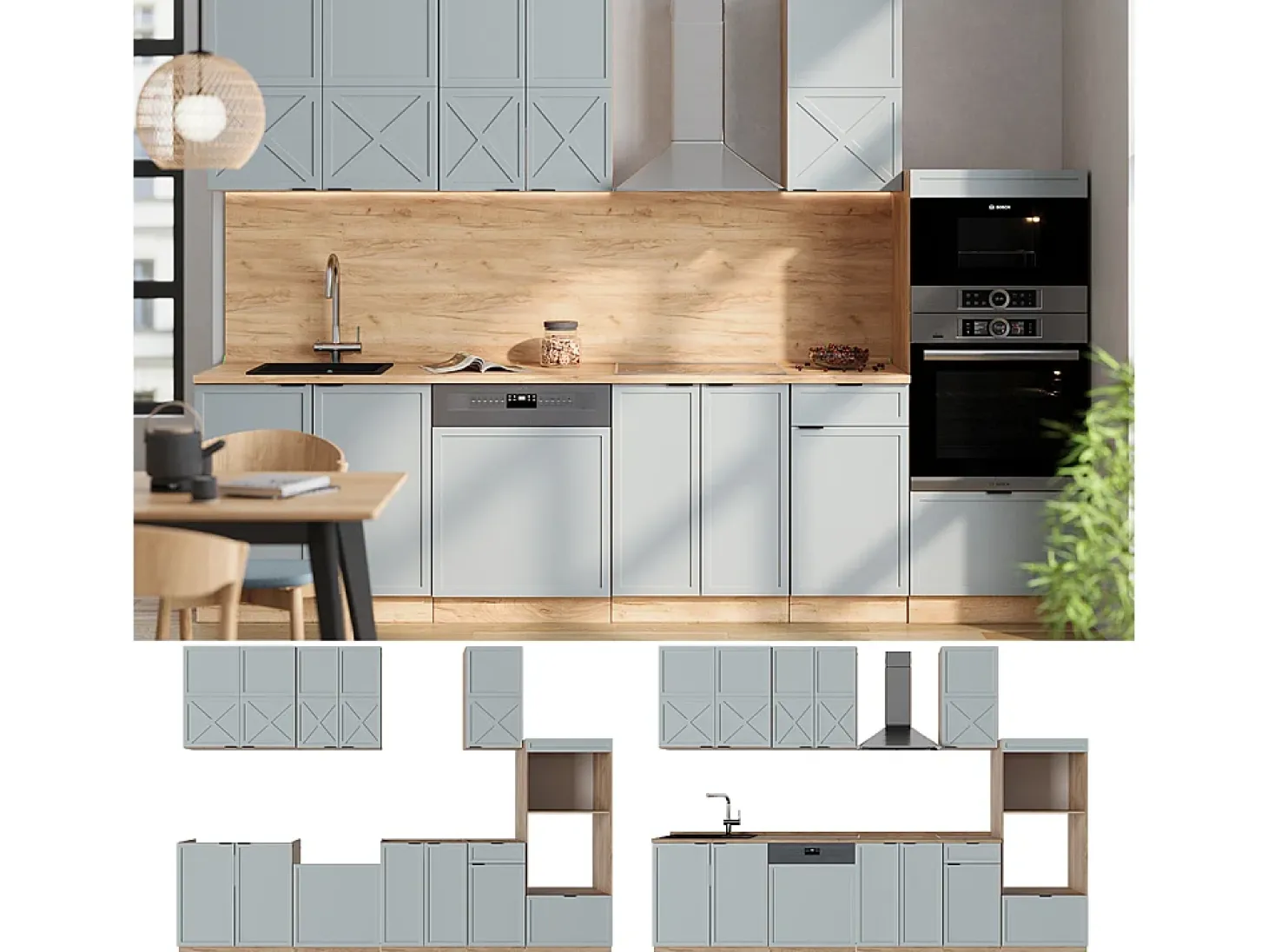 Mueble de cocina roble azul claro/gris dorado 300x60x81.6 fame-line