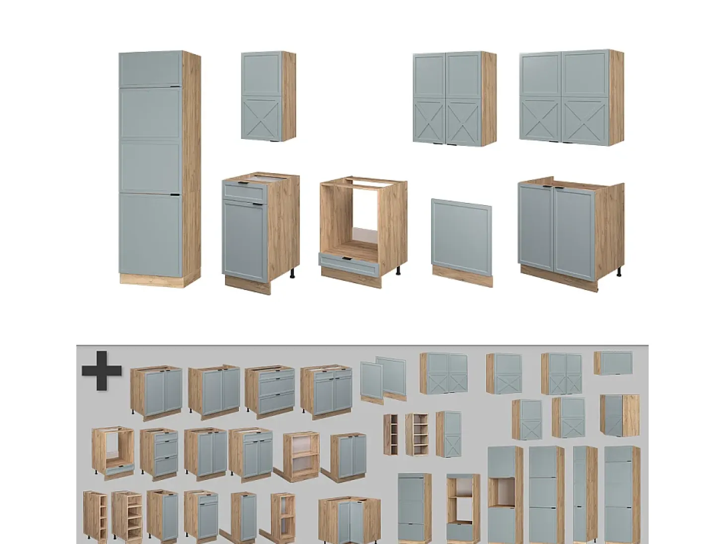 Mueble de cocina roble azul claro/gris dorado 300x60x81.6 fame-line