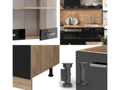 Mueble de cocina roble negro/dorado de alto brillo 300x60x81.6 r-line