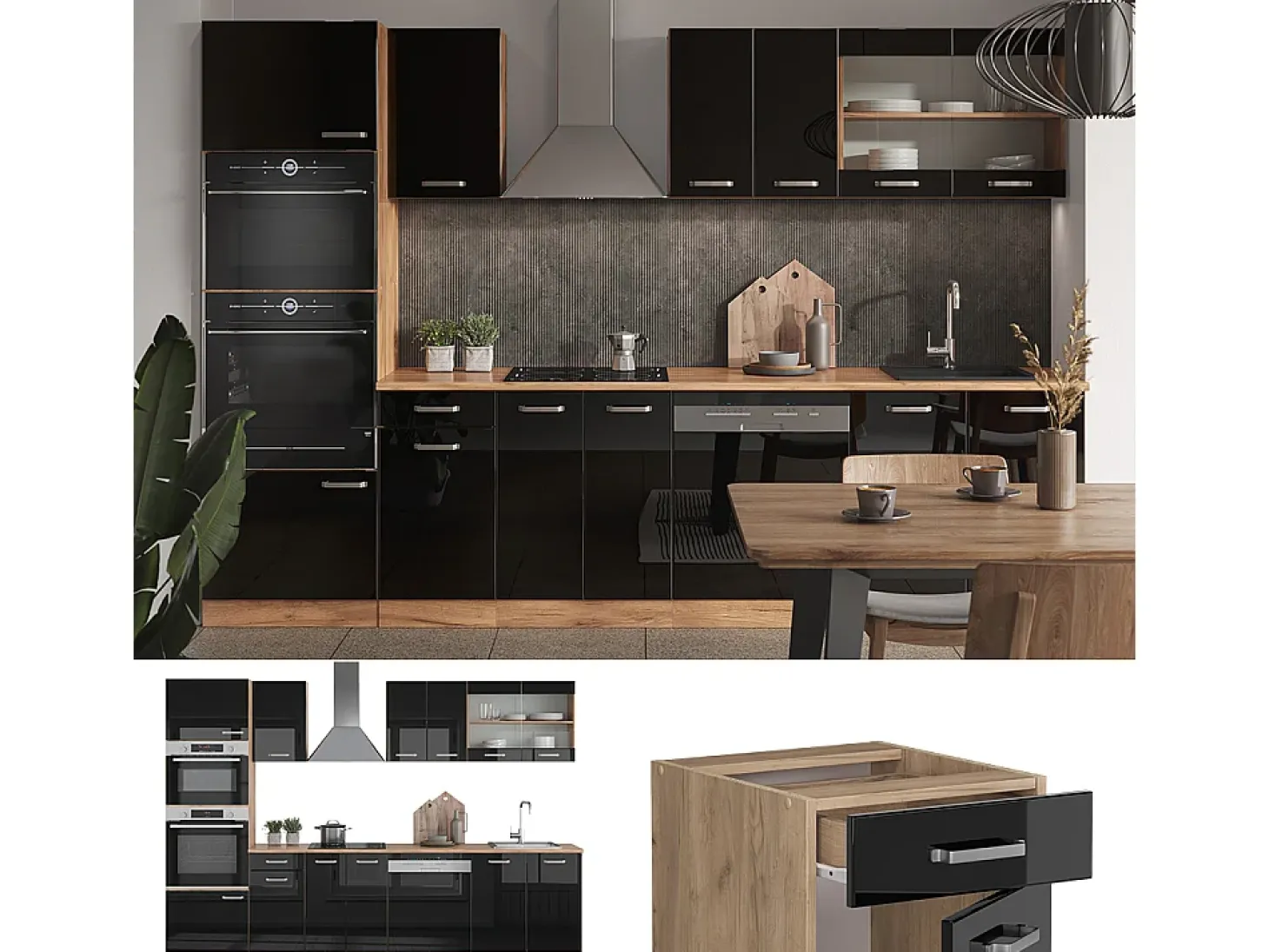 Mueble de cocina roble negro/dorado de alto brillo 300x60x81.6 r-line