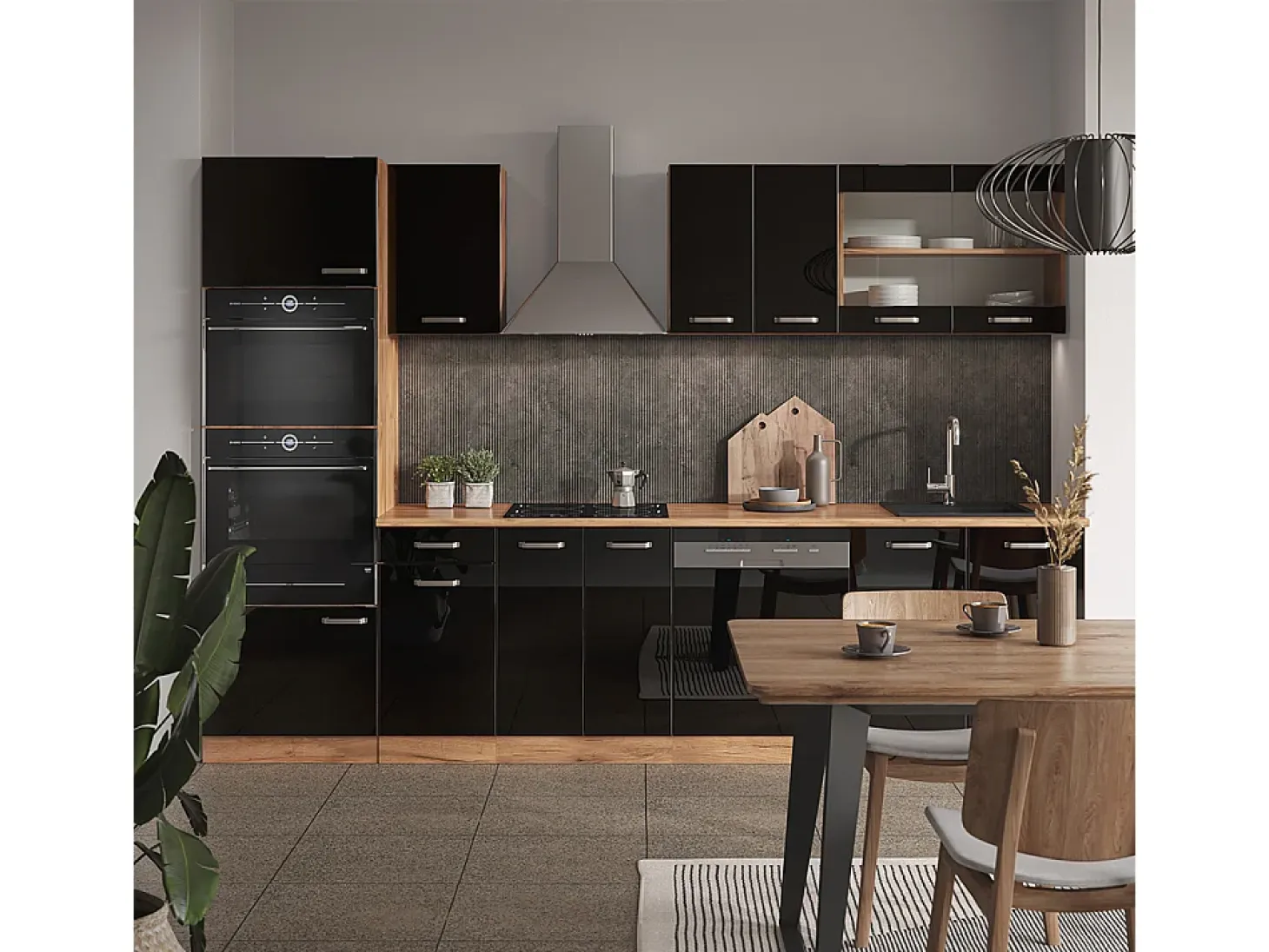 Mueble de cocina roble negro/dorado de alto brillo 300x60x81.6 r-line