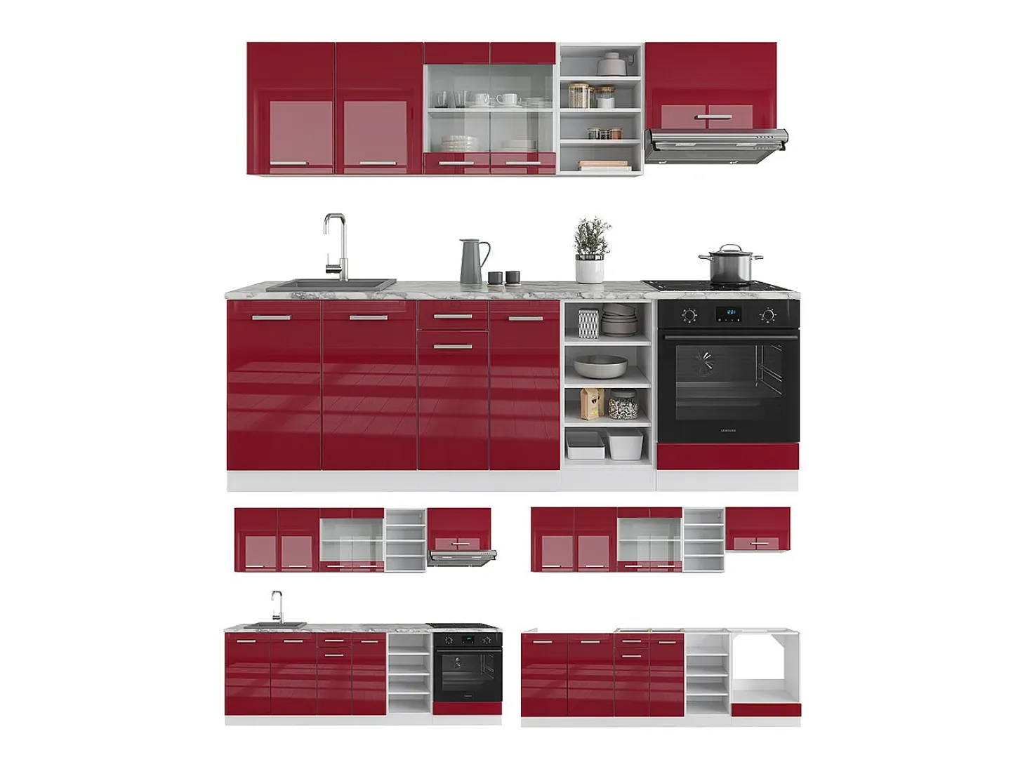 Mueble de cocina rojo brillo intenso/blanco 240x60x81.6 r-line