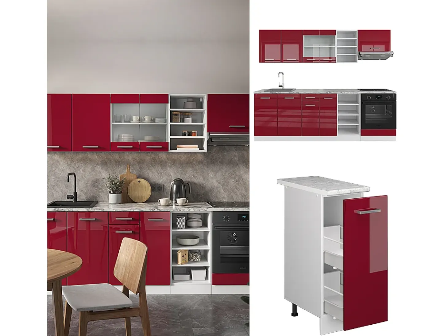 Mueble de cocina rojo brillo intenso/blanco 240x60x81.6 r-line