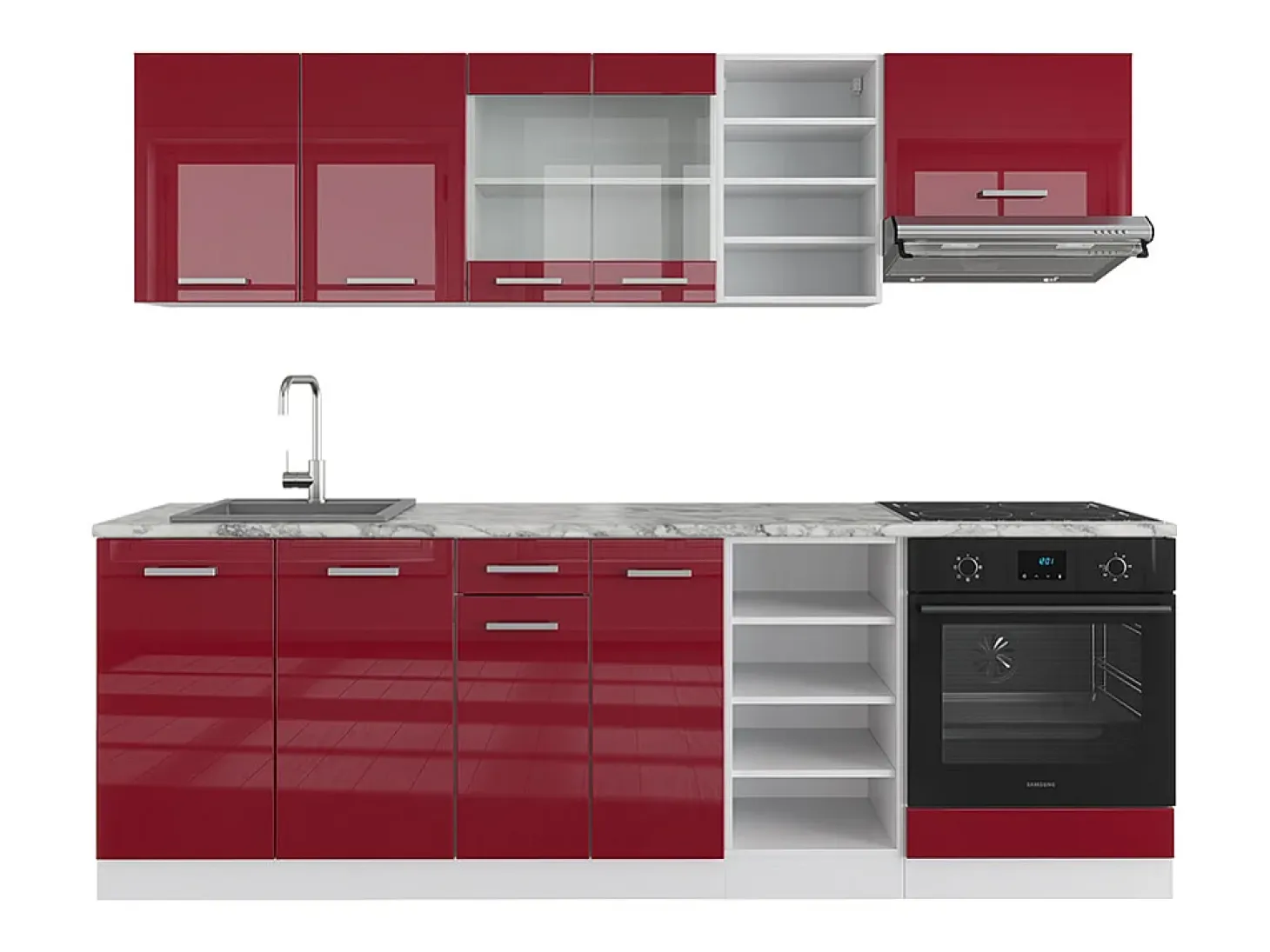 Mueble de cocina rojo brillo intenso/blanco 240x60x81.6 r-line