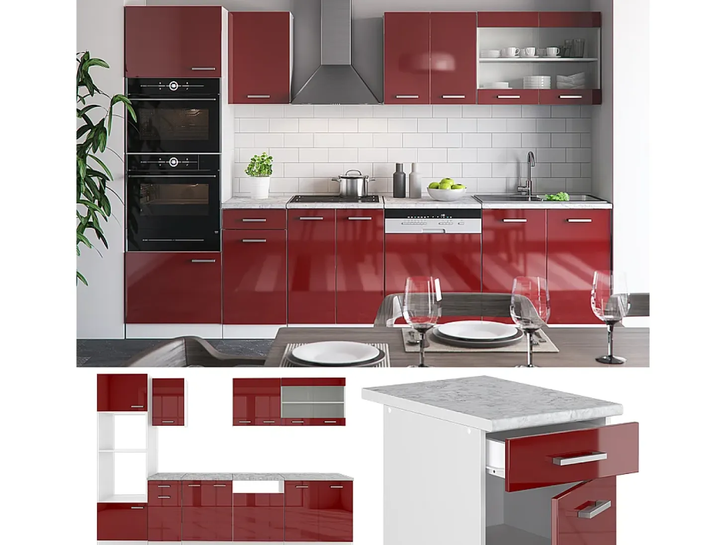 Mueble de cocina rojo brillo intenso/blanco 300x60x81.6 r-line