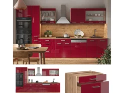 Mueble de cocina rojo brillo intenso/roble dorado 350x60x81.6 r-line