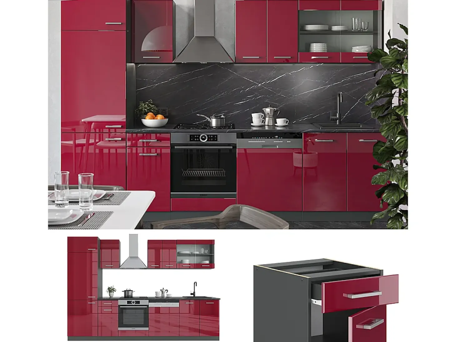 Mueble de cocina rojo brillo intenso/antracita 300x60x81.6 r-line