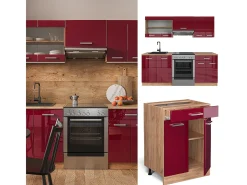 Mueble de cocina rojo brillo intenso/roble dorado 200x60x81.6 r-line