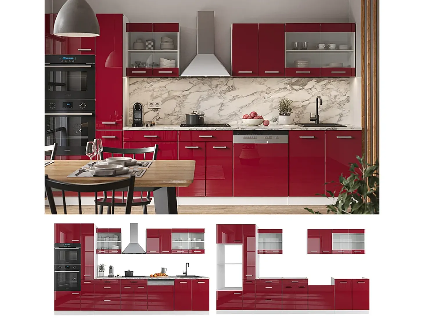 Mueble de cocina rojo brillo intenso/blanco 350x46x81.6 r-line
