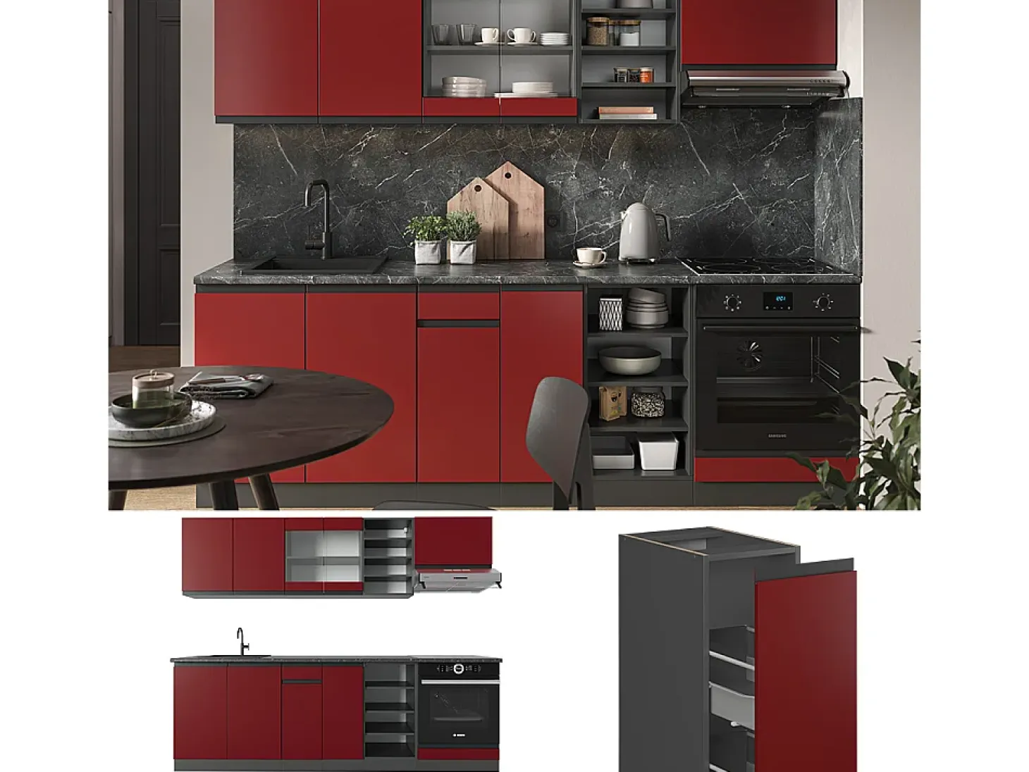 Mueble de cocina rojo/antracita 240x46x81.6 r-line