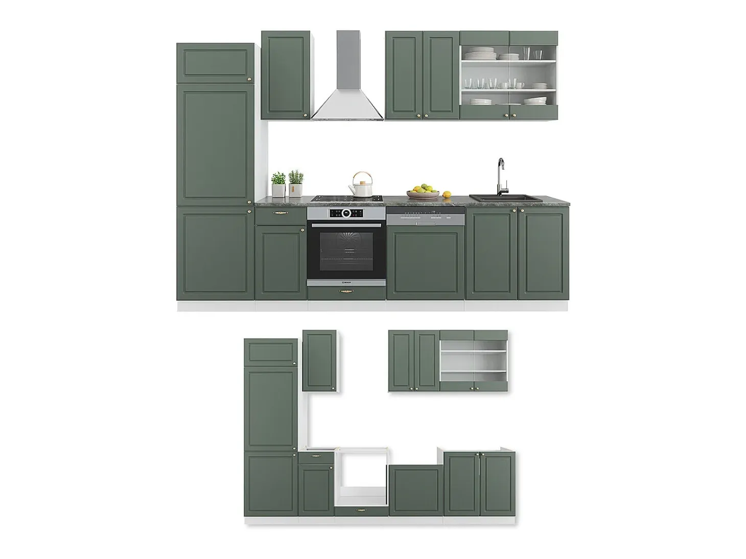 Mueble de cocina verde-dorado casa de campo/blanco 300x60x81.6 fame-line