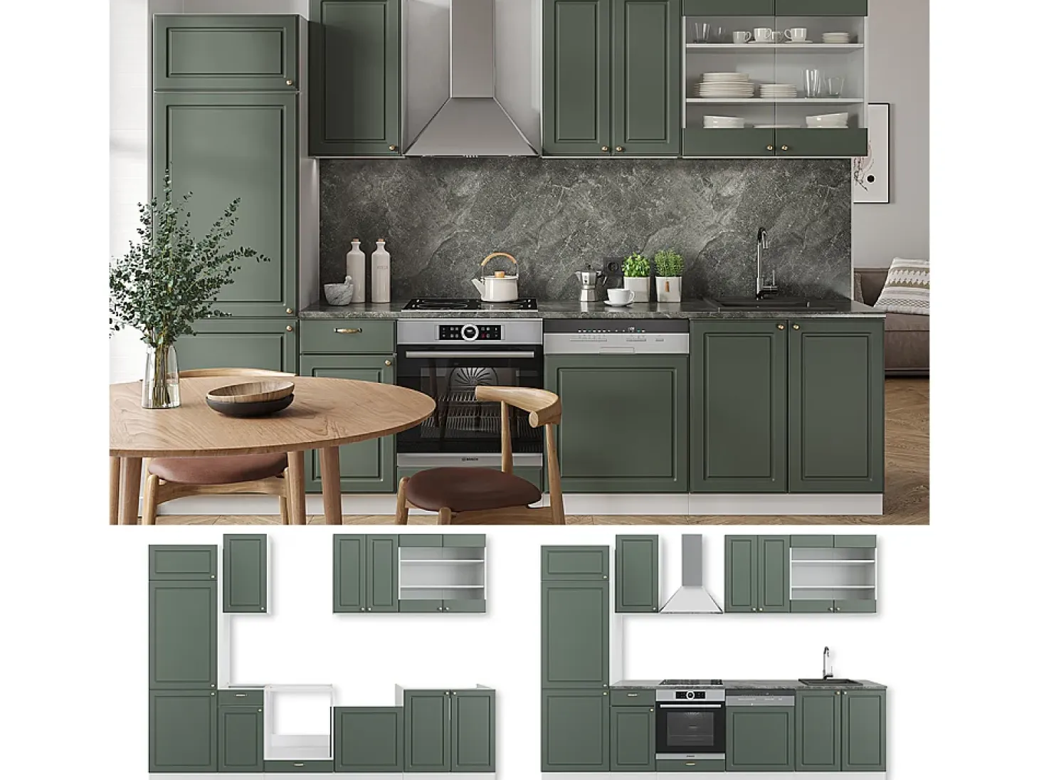 Mueble de cocina verde-dorado casa de campo/blanco 300x60x81.6 fame-line