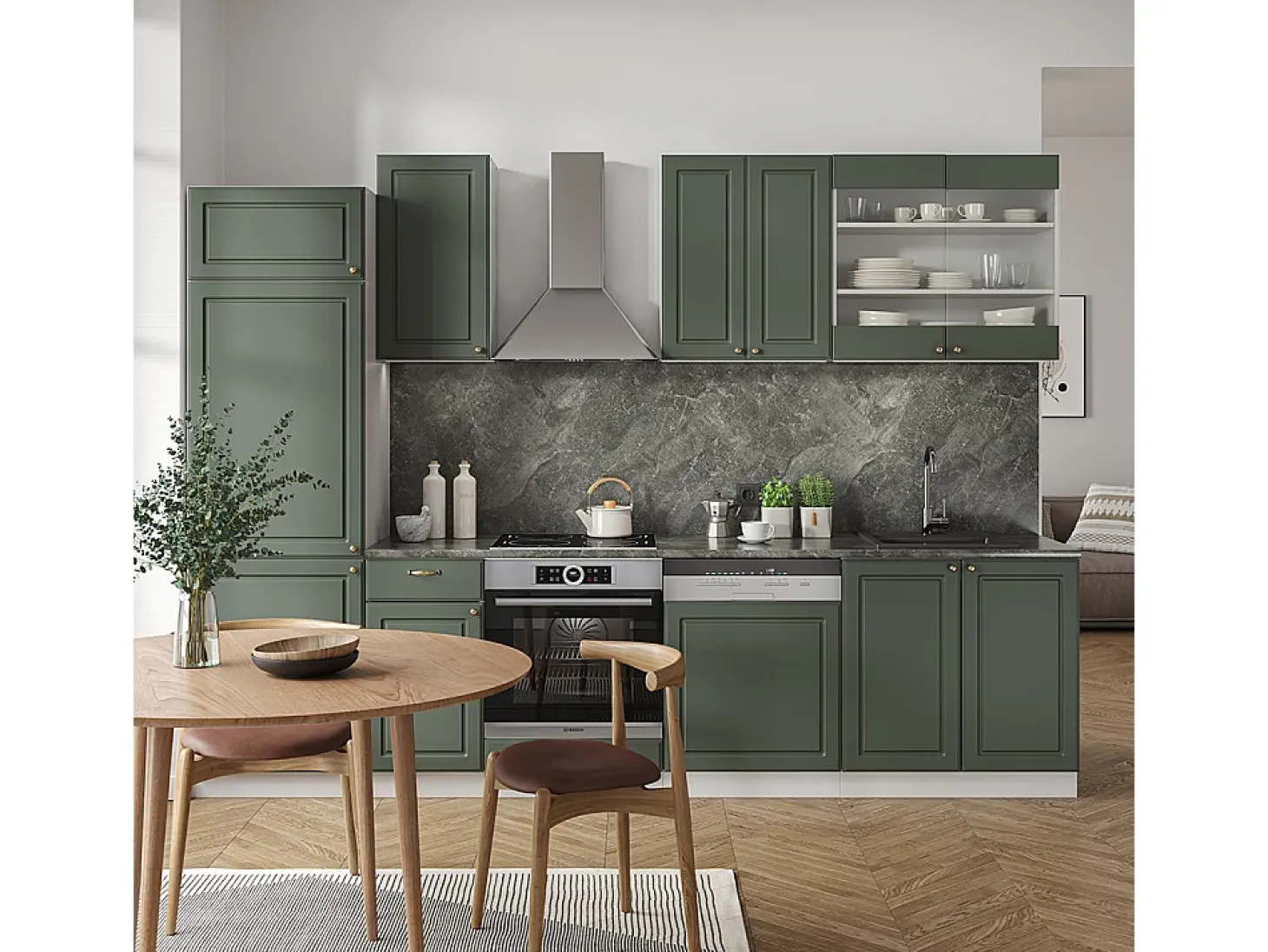 Mueble de cocina verde-dorado casa de campo/blanco 300x60x81.6 fame-line