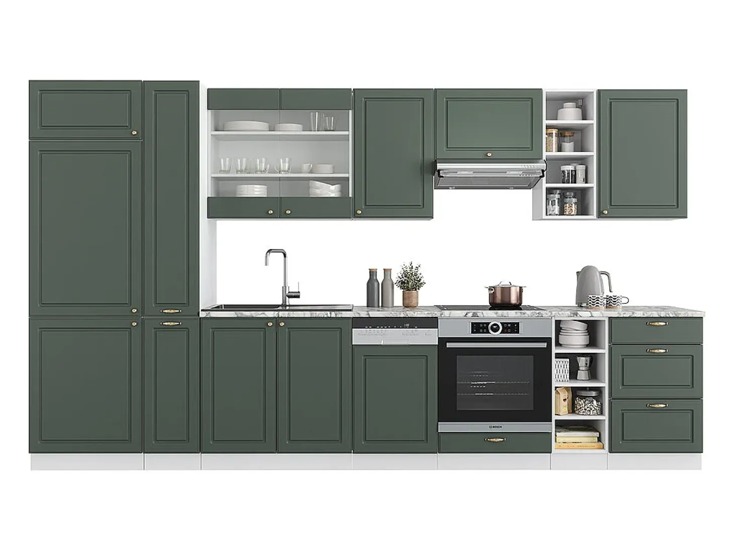 Mueble de cocina verde-dorado casa de campo/blanco 355x46x81.6 fame-line
