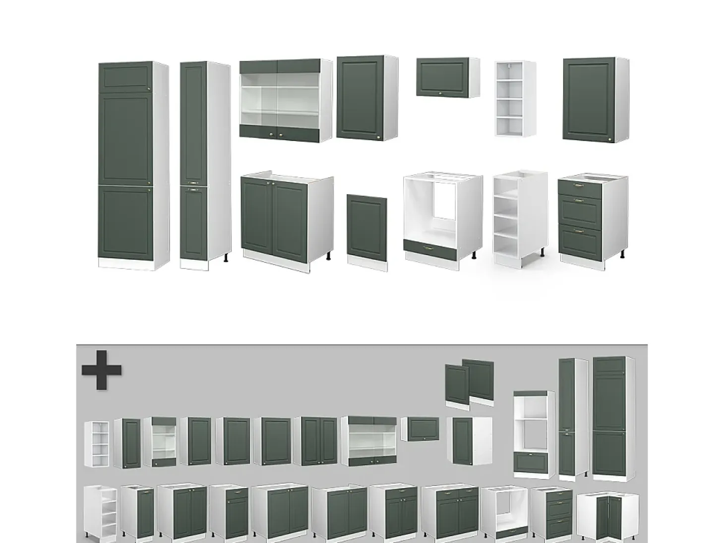Mueble de cocina verde-dorado casa de campo/blanco 355x46x81.6 fame-line