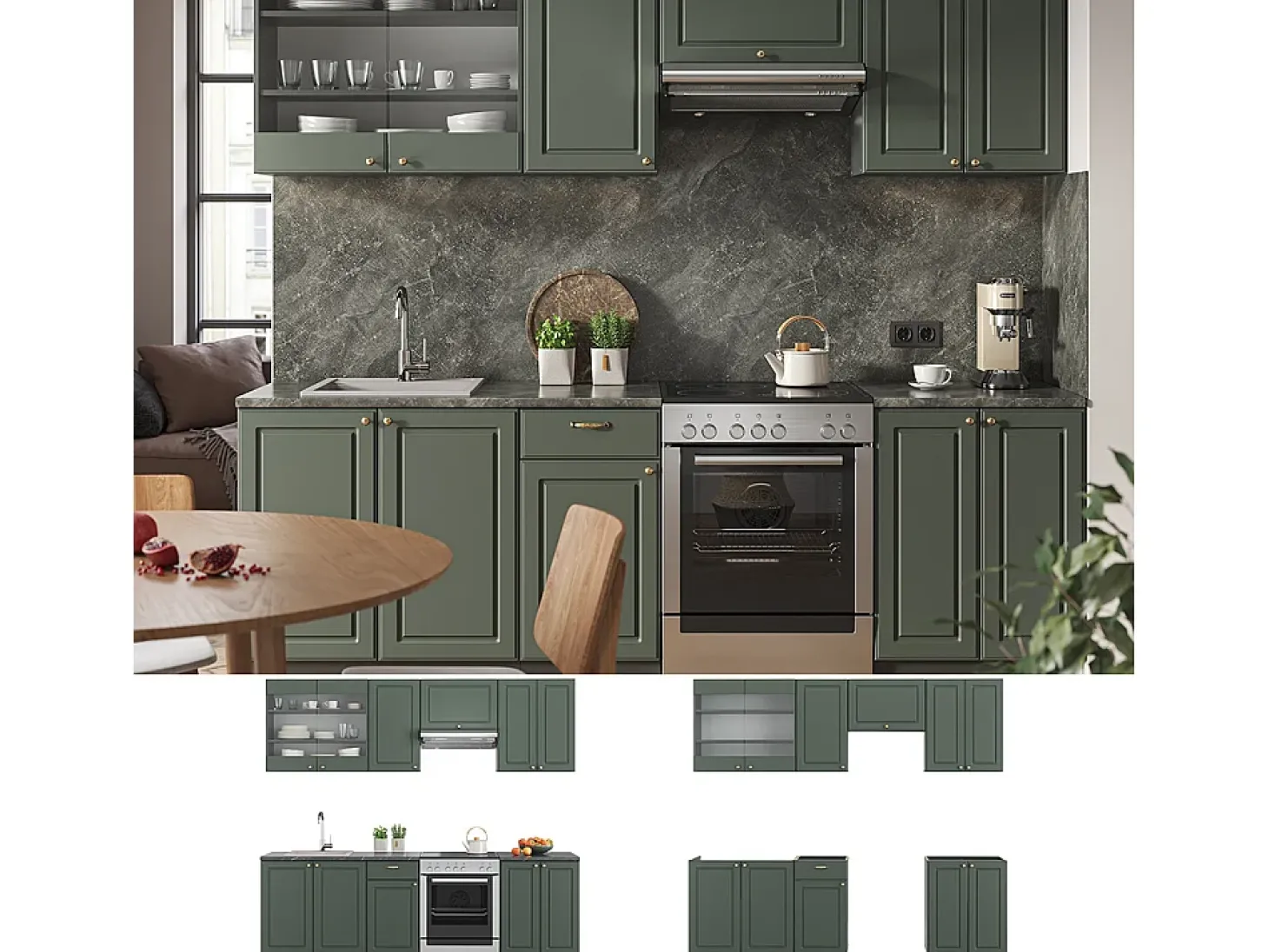 Mueble de cocina verde-dorado casa de campo/antracita 240x60x81.6 fame-line