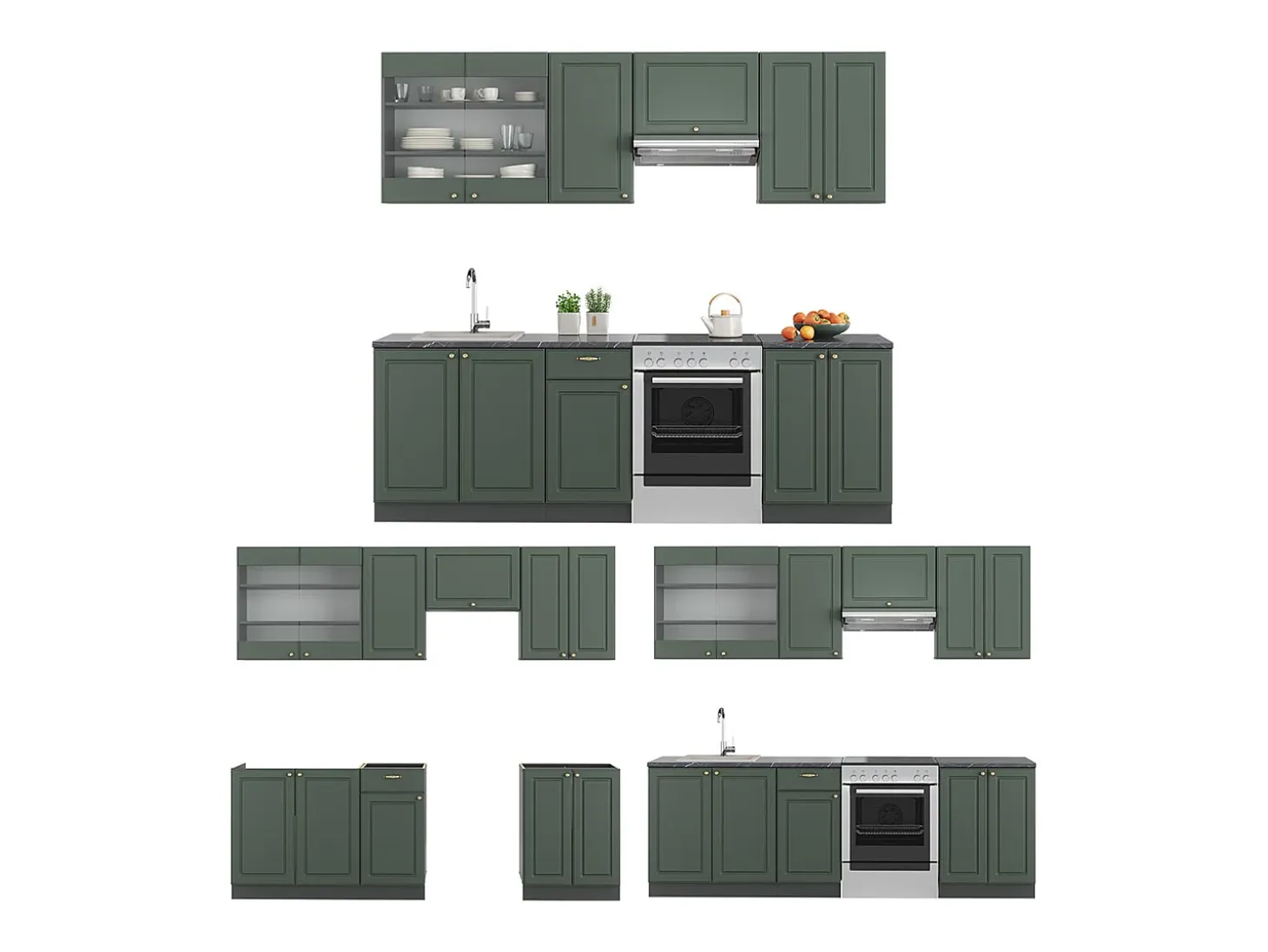 Mueble de cocina verde-dorado casa de campo/antracita 240x60x81.6 fame-line